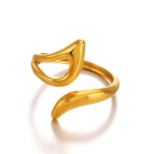 Gold stainless steel geometric hollow ring with wave design and mirror finish