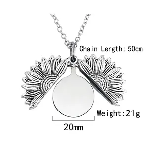 Customizable silver sunflower locket necklace with 50cm chain and engravable inner disc