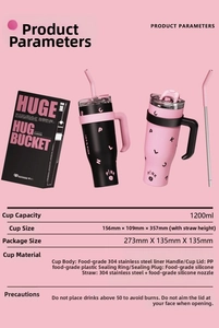 Detail showing 40oz stainless steel tumbler dimensions and capacity specifications