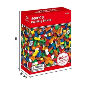 Detailed view of 500-piece building block set in red box for kids aged 6 and up