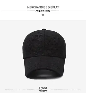 Front view of black baseball cap showing horizontal pleated texture and curved brim