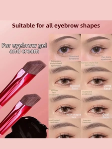 Macro view of angled eyebrow brush head with diverse brow styling effect results