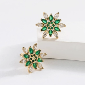 Elegant 18K gold-plated flower stud earrings with green and clear zircon stones