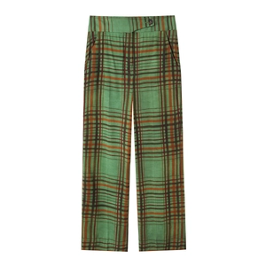 Women's plaid high-waist straight-leg trousers in retro green checkered wool fabric