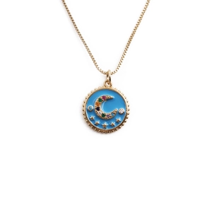 Golden round enamel moon and star pendant necklace with blue zircon on box chain