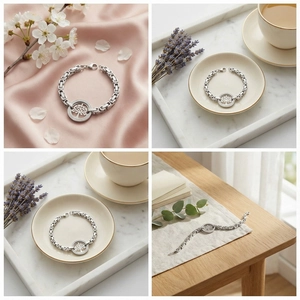 Détail macro du bracelet arbre de vie en argent avec incrustation de zircon sur marbre