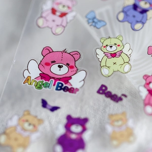 Cute Angel Bear adhesive nail art stickers with 3D effect and colorful bear patterns