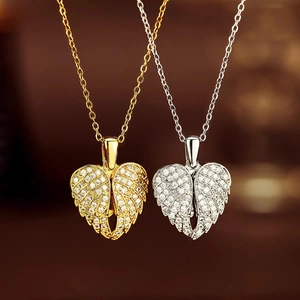 Elegant angel wing heart pendant necklaces in gold and silver finish with zircon stones