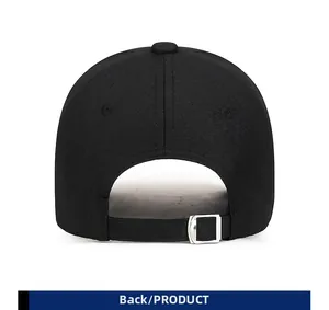 Detail of adjustable metal buckle and fabric strap on the back of a black baseball cap