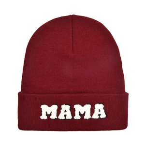 Detailed knit texture of burgundy beanie featuring 3D white MAMA letter embroidery
