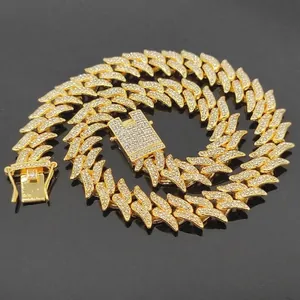 Golden wave-link thorn Cuban chain necklace with iced out crystals and heavy box clasp