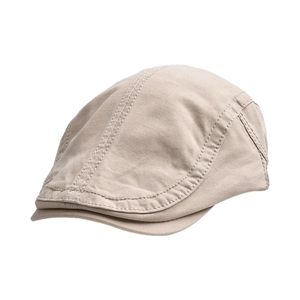 Detail view of khaki cotton ivy cap showing double stitching and multi-panel stitching
