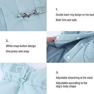 Thick light blue pet winter cotton coat with dual D-rings and adjustable drawstring waist