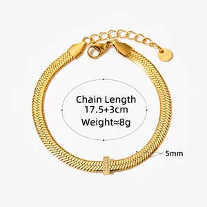 Golden stainless steel snake chain bracelet with sparkling rectangular centerpiece for women