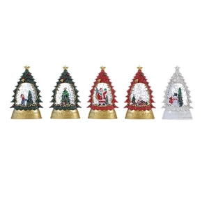 Collection of five Christmas tree snow globes with festive figurines and gold bases