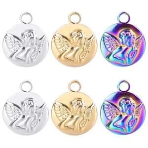 Stainless Steel Angel Cherub Pendant Round Coin Embossed Relief Charm For DIY Jewelry Making Iridescent Gold Silver