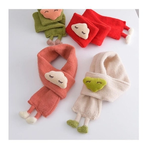 Close-up of soft knitted baby scarves in green, red, orange, and beige with cloud decor