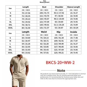 Detailed size measurement chart for men linen polo shirt and shorts beach set outfits