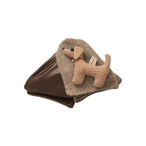 Puppy acrylic hair claw with houndstooth dog design and brown leather stitching