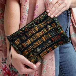 Vintage Bookshelf Print Makeup Bag Fine Linen Zippered Travel Organizer Pouch With Wristlet For Women Classical