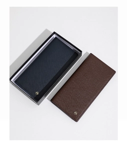 Detail of long men's wallets in navy and brown with Saffiano texture and metal logo