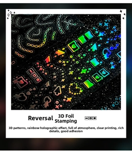 Close-up of laser stickers with 3D gold stamping and rainbow polarized light effect