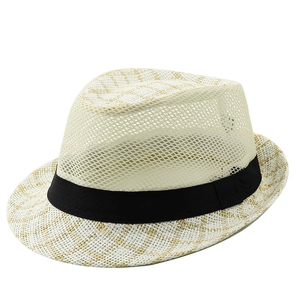 Men's breathable straw fedora hat with mesh weave and black band for summer sun protection