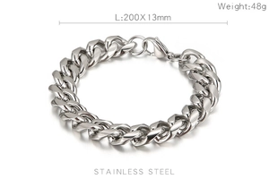 Detail showing 13mm wide polished stainless steel Cuban link bracelet with 200mm length