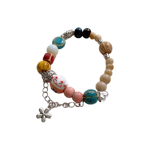 Cute ceramic cat and flower beaded elastic bracelet with colorful beads and silver charms