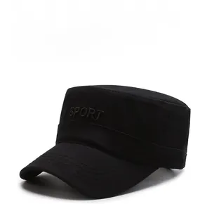 Detail of SPORT 3D embroidery and reinforced stitching on black cotton cadet cap