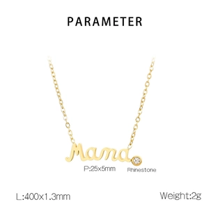 Detail of gold Mama pendant with dimensions and rhinestone on a dainty chain necklace