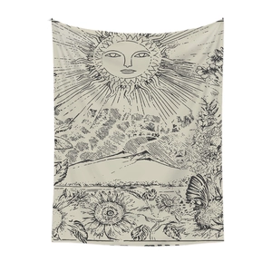 Detaillierte Nahaufnahme eines Vintage-Wandteppichs mit Sonne und Sonnenblumen
