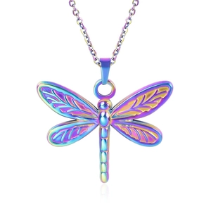 Detailed view of dragonfly pendant necklace with vibrant rainbow metallic finish