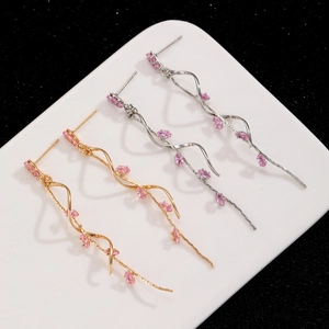 French style long vine earrings with pink marquise zircon in gold and silver plating