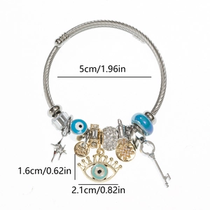 Adjustable stainless steel bracelet with blue evil eye, key and star charms for women