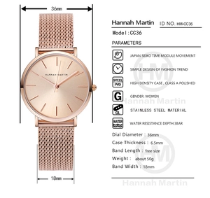 Detailed specs of the 36mm waterproof quartz watch with rose gold mesh band and Japanese movement