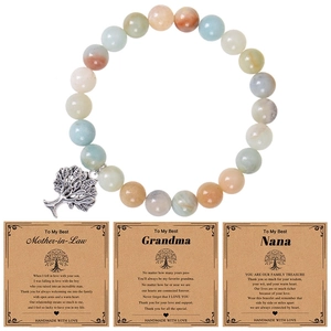 Pink zebra stone bracelet with tree of life charm and personalized grandma gift cards