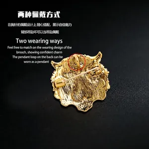 Golden zodiac tiger head brooch and pendant with dual-function pin and hanging loop