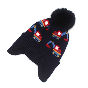 Kids navy knit hat with excavator pattern, ear flaps and a blue pom pom for winter