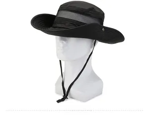 Side view of black outdoor sun hat featuring breathable mesh panel and adjustable chin strap