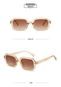 Detail view of champagne brown square sunglasses with transparent frames and gradient lenses