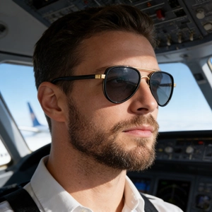 Polarized aviator sunglasses with black frame and gold metal bridge in cockpit