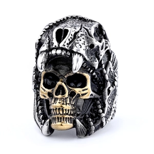 Gothic punk silver and gold stainless steel jaguar skull ring in a detailed front view
