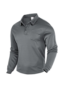 Detailed view of dark grey mesh polo shirt fabric texture with pocket and button placket