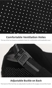 Detail of laser-perforated breathable fabric and adjustable back buckle on black sport cap