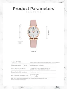 Detailed specification sheet for pink leather quartz watch with product dimensions