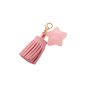 Pink suede tassel and translucent star pendant keychain with gold lobster clasp