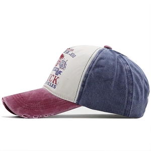 Detailed side view of washed cotton baseball cap with vintage skull print and distressed brim