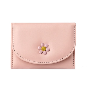 Pink trifold wallet for women with daisy floral ornament and textured faux leather finish