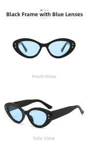 Detail of oval sunglasses featuring star rivets and translucent blue lenses in black frames